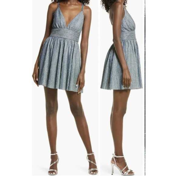 Lulus NWT Womens Stop the Show Blue Glitter Skater Dress Sz XS Party Sleeveless - Picture 1 of 16